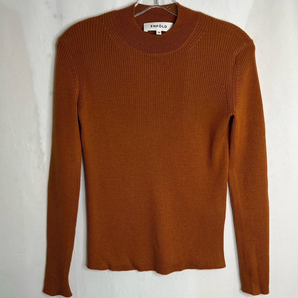 Enfold Enföld 100% Wool Mock Neck Long Sleeve Sweater Burnt Orange Sz 38 US 6